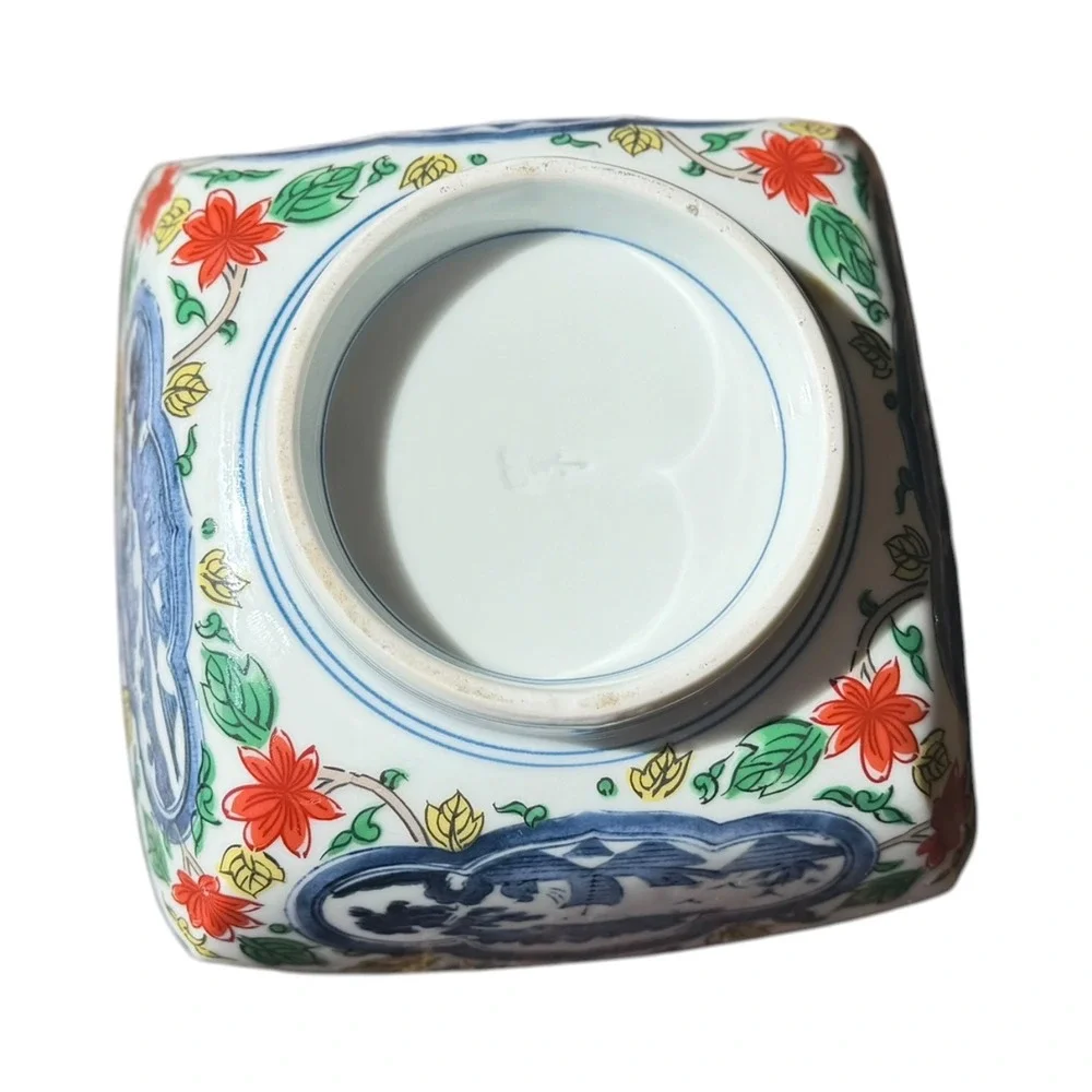 Antique Japanese Imari Arita Footed Square Bowl Fuku Mark Meiji Style